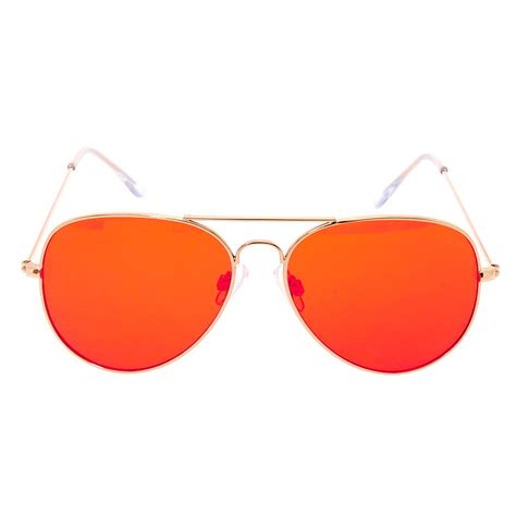 red tinted aviator sunglasses.